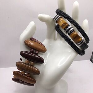 Men's Black Tigers Eye and Brown Wood Bracelet Set